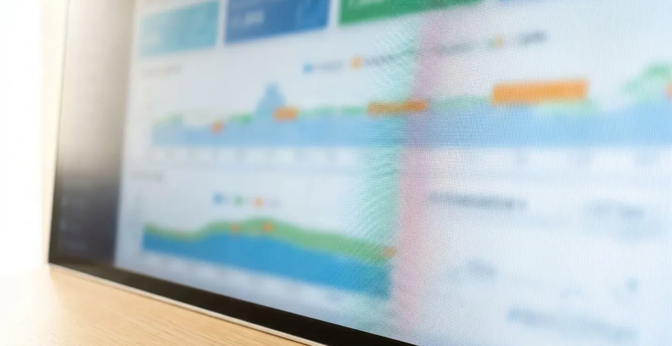 Close-up view of a CRM dashboard on a monitor showing customer health score graphs and retention metrics with natural lighting