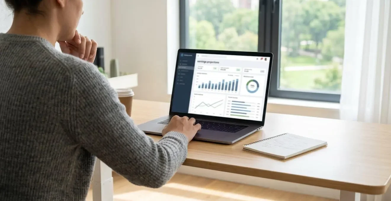 Over-the-shoulder view of a person reviewing their commission earnings dashboard on a laptop in a modern office