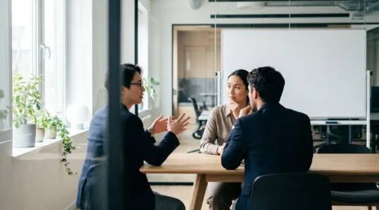Two business professionals in side view having a focused discussion at an office table with natural lighting